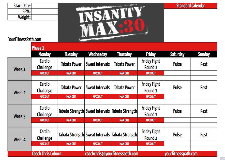 Insanity MAX:30 Workout Calendar Your Fitness Path